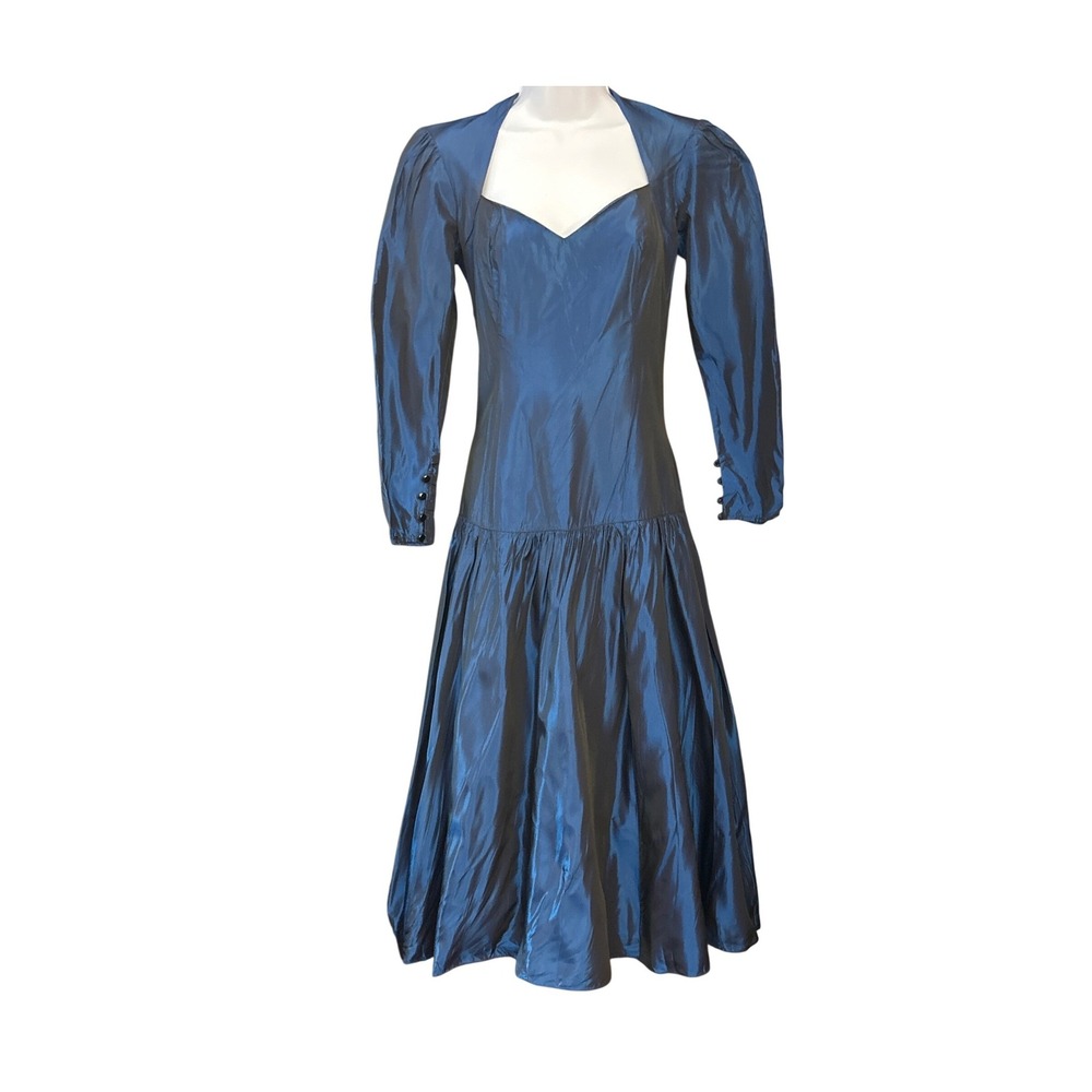 80s Gunne Sax Dress Blue Taffeta Prom Gown Regencycore Dark Romance Bows